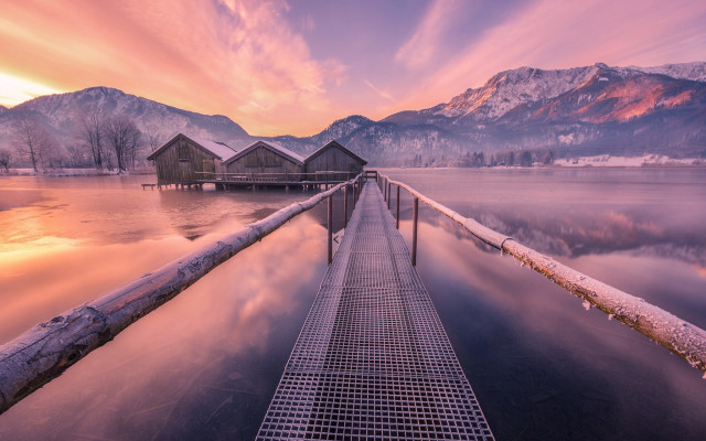 Lake houses mountains dusk reflection free wallpaper - medium preview image