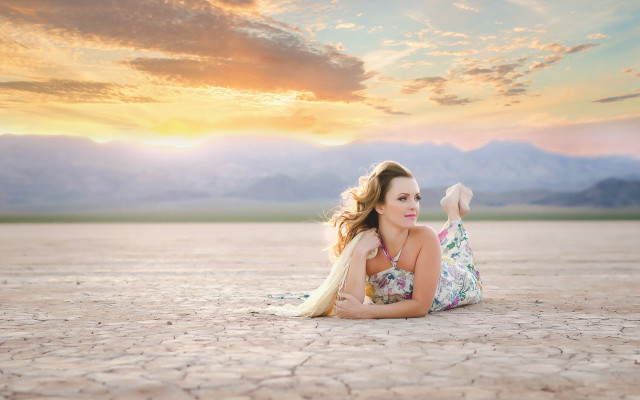 Woman horse clouds mountains beach free wallpaper - medium preview image