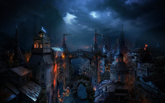 City bridge river night clouds free wallpaper - medium preview image