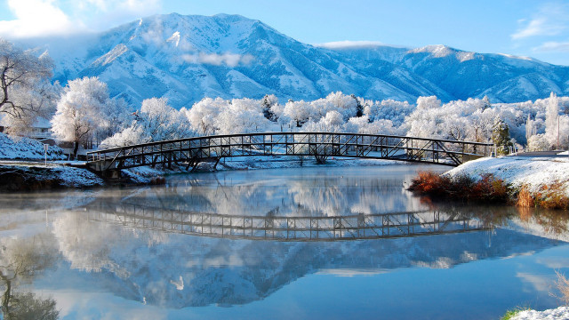 Mountain river bridge snowy forest free wallpaper - medium preview image