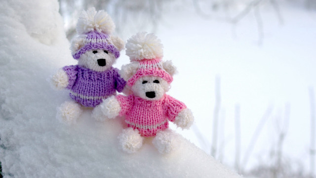 Teddy bears knitted clothes snow free wallpaper - medium preview image