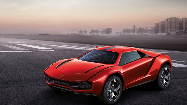 Red sports car city runway free wallpaper - medium preview image