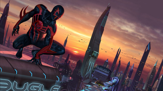 Spiderman futuristiccity neonsunset afrofuturism urban free wallpaper - medium preview image