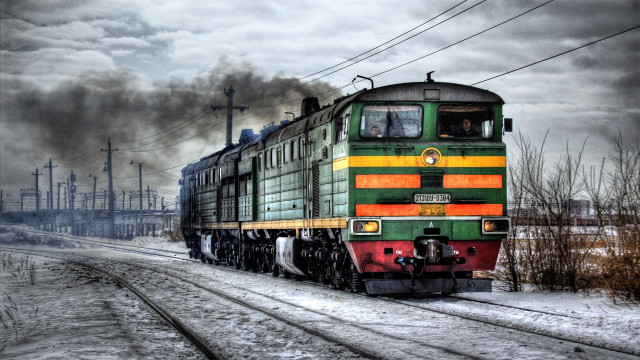 Train forest powerlines cloudy sky free wallpaper - medium preview image