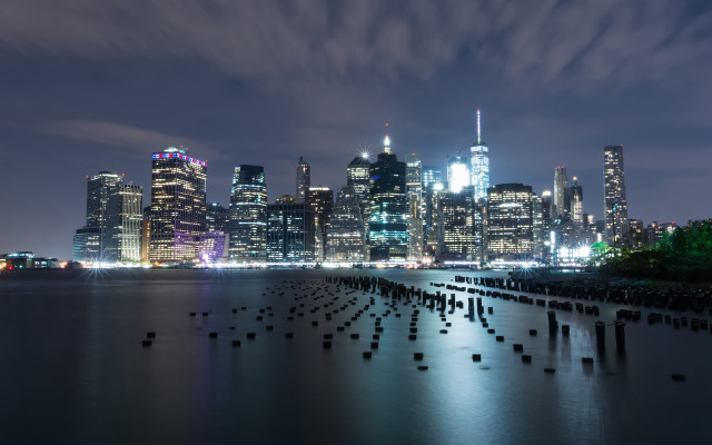 City skyline night water docks free wallpaper - medium preview image