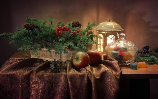 Fruit basket lantern stilllife photorealistic free wallpaper - medium preview image