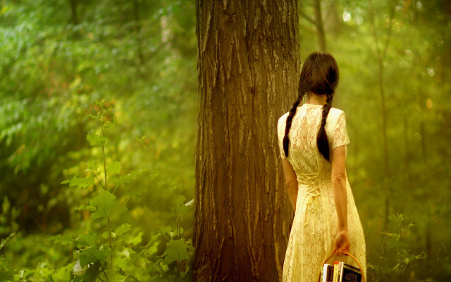 Woman forest suitcase enchanting magical free wallpaper - medium preview image