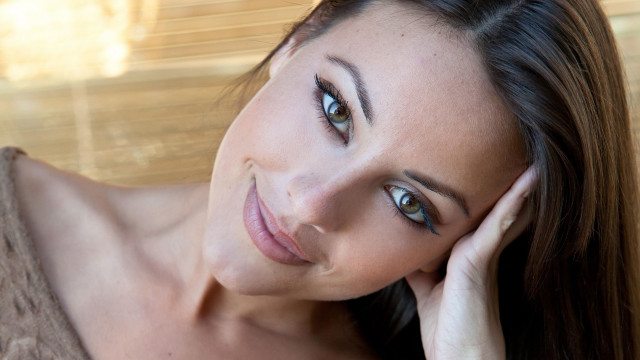 Hyperrealistic woman longhair blueeyes olive free wallpaper - medium preview image