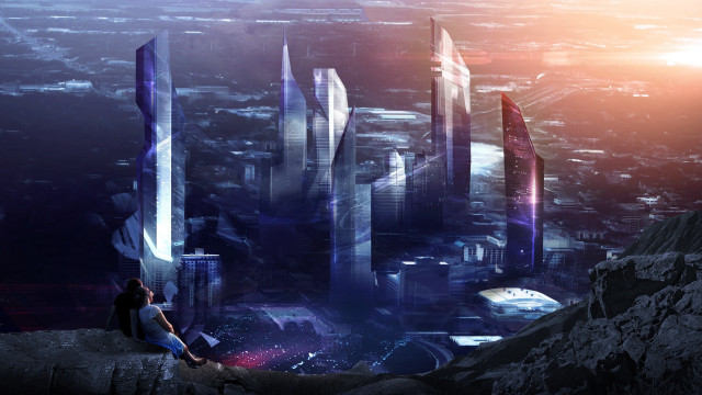 Woman cityscape skyscrapers mattepainting sci free wallpaper - medium preview image
