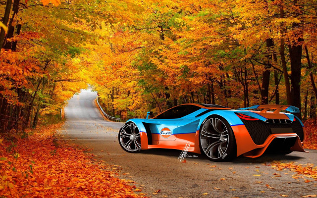 Blue orange sportscar autumn leaves free wallpaper - medium preview image