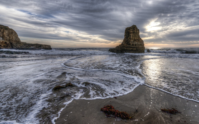 Beach waves rocks cloudy sky free wallpaper - medium preview image