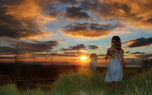 Woman sunset green field clouds free wallpaper - medium preview image