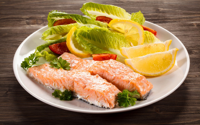 Salmon lettuce lemons table food free wallpaper - medium preview image