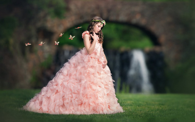 Pink dress waterfall butterflies portrait free wallpaper - medium preview image