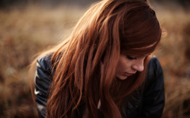 Red haired woman cellphone field free wallpaper for desktop - medium preview image