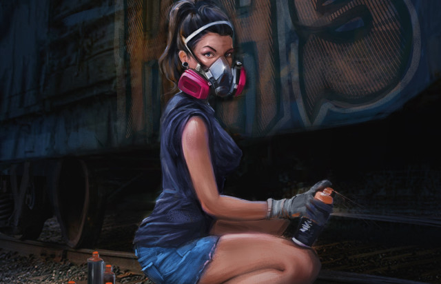 Woman gasmask sitting traintrack denim free wallpaper - medium preview image