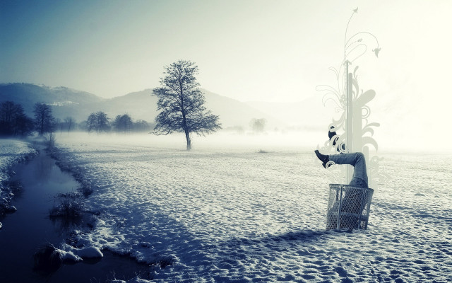 Person bench snow tree foggy free wallpaper - medium preview image
