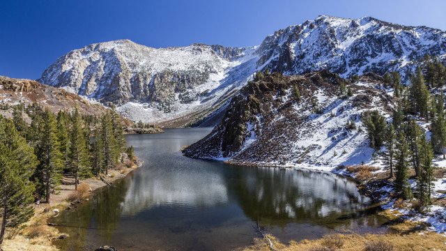 Mountain lake forest snowy horizon free wallpaper - medium preview image