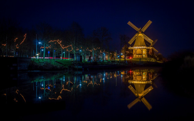 Windmill river reflections night cityscape free wallpaper - medium preview image