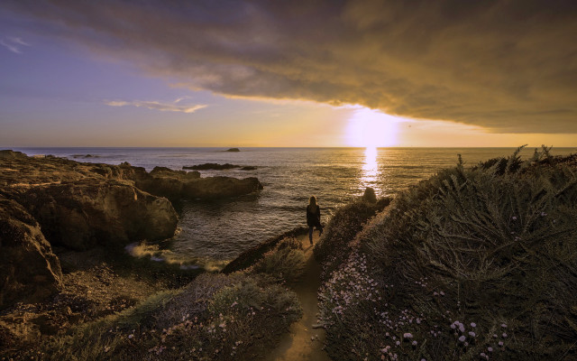 Cliff overlooking ocean sunset cloudy free wallpaper - medium preview image