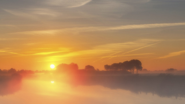 Sunset lake trees clouds contrails free wallpaper - medium preview image