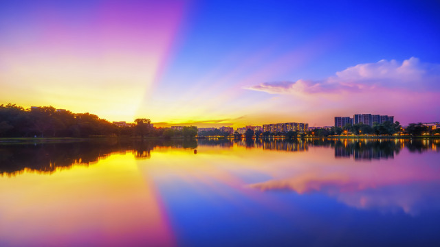 Sunset lake rainbow city bridge free wallpaper - medium preview image