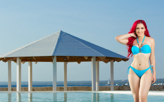 Woman blue bikini pool gazebo free wallpaper - medium preview image