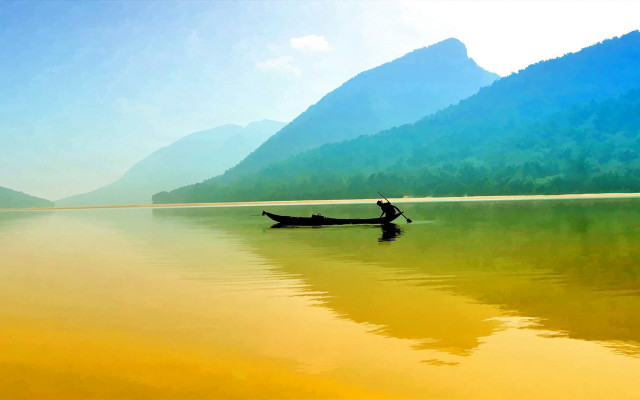 Canoe lake mountains blue sky free wallpaper - medium preview image