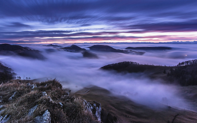 Mountain fog sunset purple sky free wallpaper - medium preview image