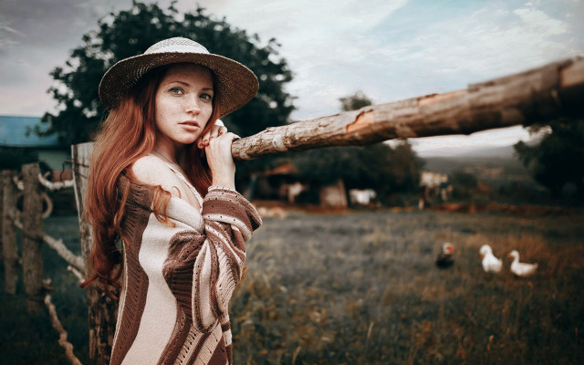 Woman hat fence phone ducks free wallpaper - medium preview image