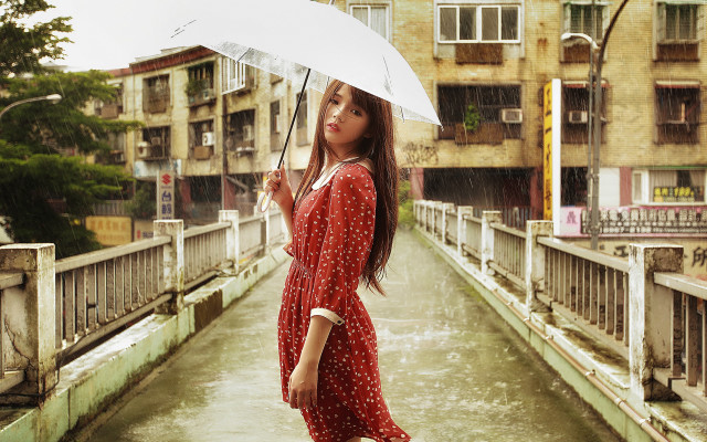 Woman red dress umbrella bridge free wallpaper - medium preview image