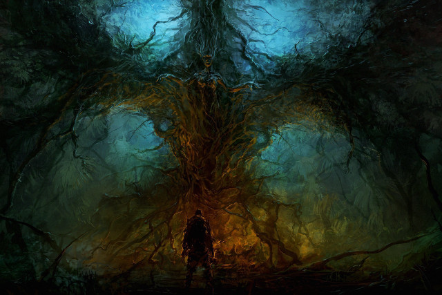Man forest giant tree standing free wallpaper - medium preview image