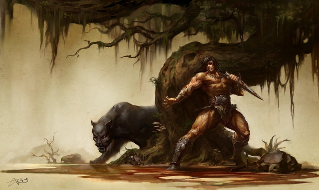 Man sword boar cave moss free wallpaper - medium preview image