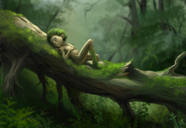 Woman lying tree forest digital free wallpaper - medium preview image