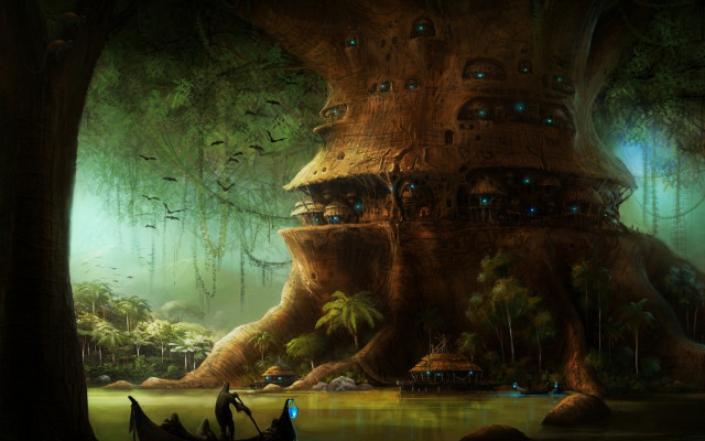 Tree house forest pond boat free wallpaper - medium preview image