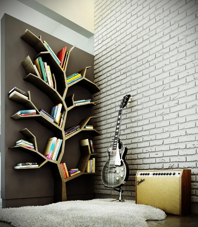 Guitar book shelf brick wall free wallpaper - medium preview image