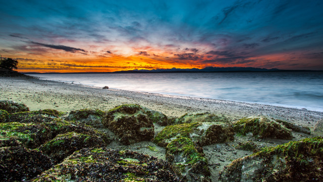 Sunset beach rocky shore people free wallpaper - medium preview image