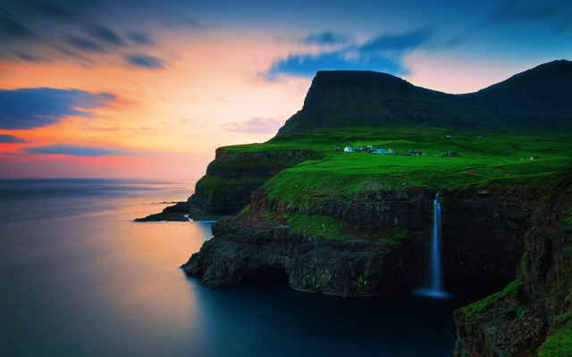 Waterfall cliff house sunset lake free wallpaper - medium preview image