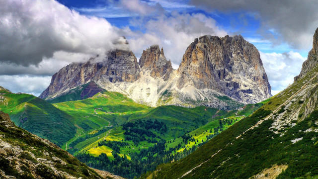 Mountain range trees clouds landscape free wallpaper for desktop - medium preview image