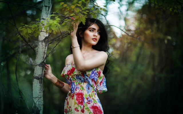 Woman floral dress forest bush free wallpaper - medium preview image
