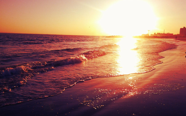 Beach sunset water crashing bridge free wallpaper - medium preview image