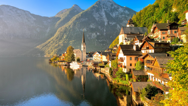 Lake houses mountains church bridge free wallpaper - medium preview image