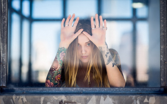 Tattooed woman window floral jewelry free wallpaper - medium preview image