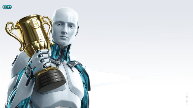Robot holding trophy white blue free wallpaper - medium preview image