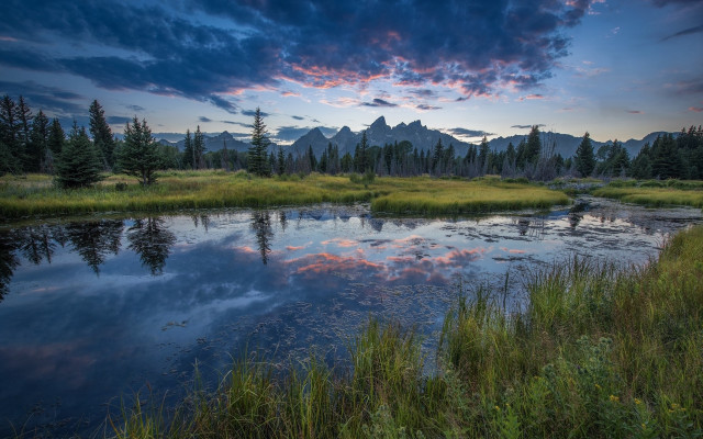 Sunset pond mountains person water free wallpaper - medium preview image