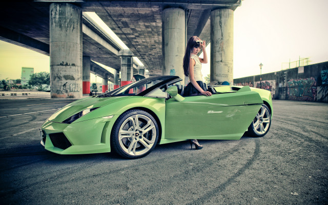 Woman green sports car bridge free wallpaper - medium preview image