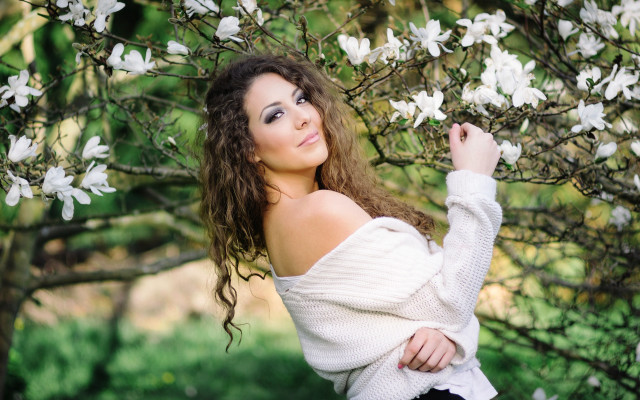 Woman white sweater tree white free wallpaper - medium preview image
