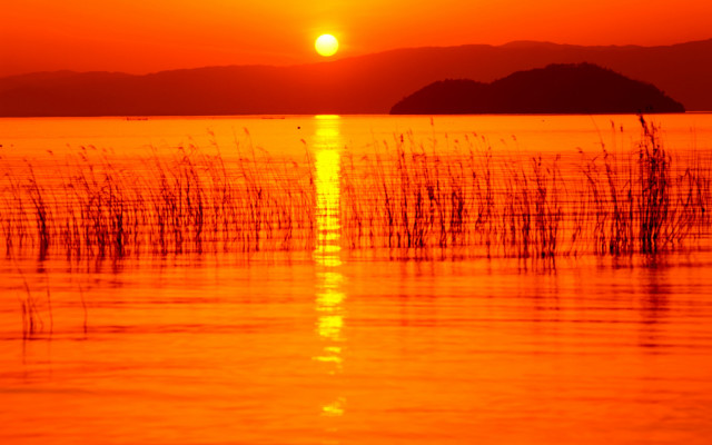 Sunset water boat mountain orange free wallpaper - medium preview image