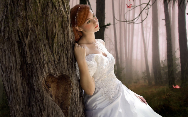 Woman white dress forest pink free wallpaper - medium preview image