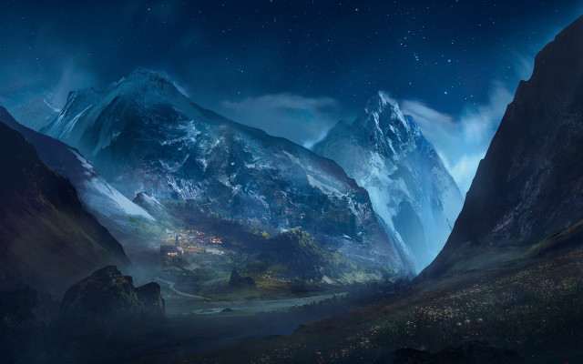 Mountain range river town star free wallpaper - medium preview image